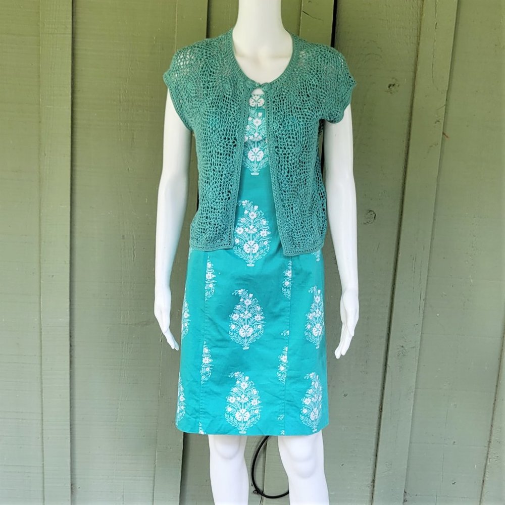 JONES NEW YORK Teal Floral Dress Crochet Cropped Cardigan 6 M